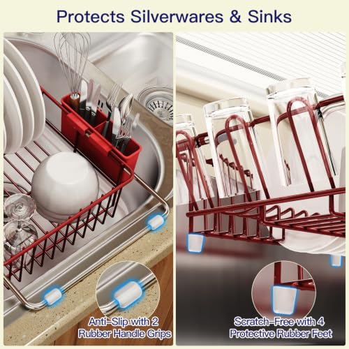 Red Expandable Dish Drying Rack Over Sink with Extra Drainboard (Red / For 11.5"-16" W Sink with Cup Holder & Drainboard)