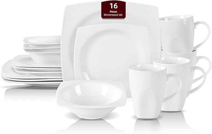 HomeVss, New Bone China Dinnerware Set, Rim Square Shape, 16pc Set