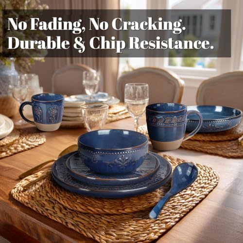 4 Piece Handcrafted Ceramic Dinnerware Set with Pasta Bowls (Damask Floral (4 Pieces) (Blue))