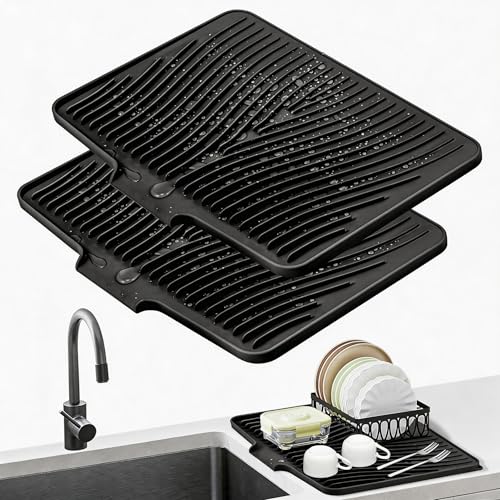 Silicone Dish Drying Mat for Kitchen Counter (Black-2pcs / 20" x 15")