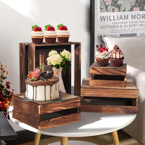 8 Piece Rustic Wood Buffet Risers with Mini Signs for Dessert Table (Rustic Wood / 8 Pcs (8.0", 7.0", 6.5", 5.5"))