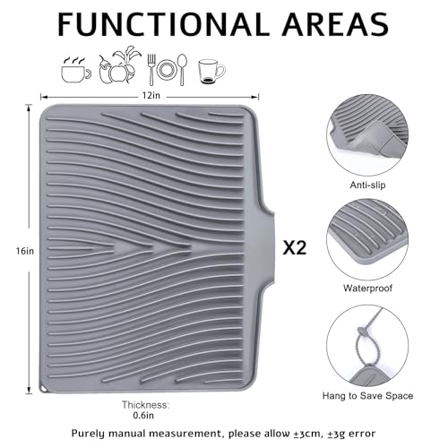 Silicone Dish Drying Mat for Kitchen Counter (Grey-2pcs / 16" x 12")