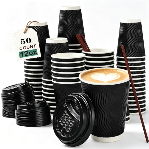 12 oz Disposable Paper Coffee Cups with Lids & Straws
