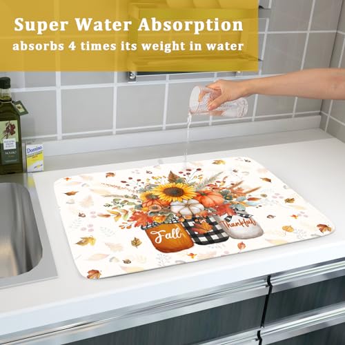 Autumn Pumpkin Dish Drying Mat 18x24 Inch Sunflower Flower Vase Washable Draining Mat with Hanging Loop Seasonal Holiday Home Decoration (Pumpkin Vase / 18" x 24")