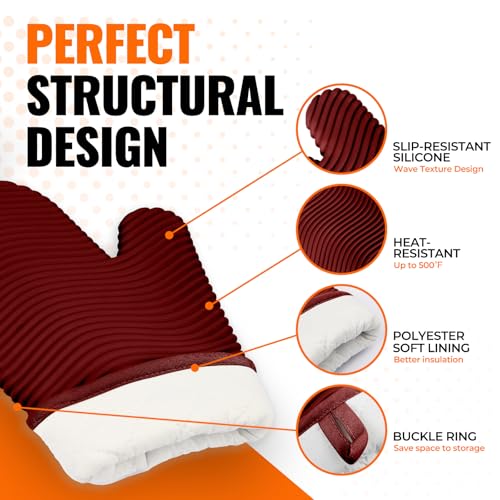 Silicone Oven Mitts (2PCS-12"L x 7"W/RED-WAVE SURFACE)