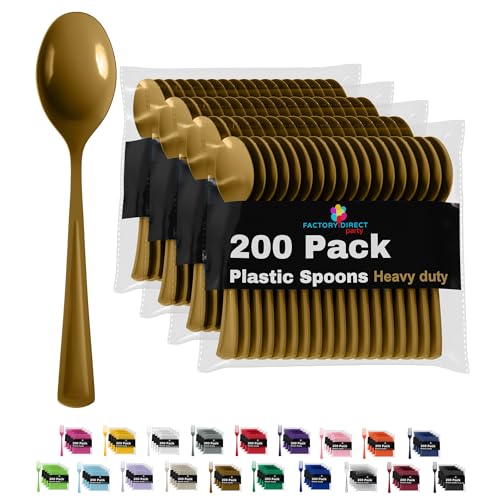 Party Solids Gold Plastic Spoons 200 Pieces Gold Spoons Disposable Utensils Heavy Duty Plastic Cutlery Set Disposable Cutlery Sets Flatware Sets Silverware Set Party Supplies & Party Tableware (Gold / Spoons)