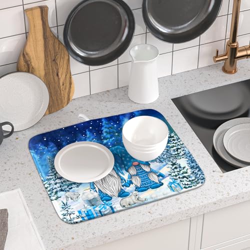 Winter Blue Gnome Dish Drying Mat for Kitchen Counter Pine Tree Microfiber Dish Pad Absorbent Reversible Fast Dry Draining Mats 16x18 Inch (Blue Winter Gnome / 16" x 18")