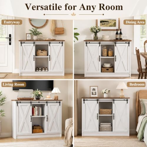 Coffee Bar Cabinet with Sliding Barn Doors (White)