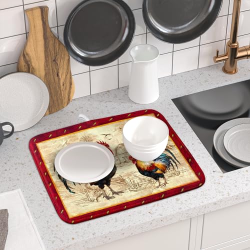 Farm Rooster Dish Drying Mat for Countertop 16x18 Inches Red Rustic Chicken Absorbent Microfiber Dry Dishes Pads Kitchen Counter Accessories (Red Rooster / 16" x 18")