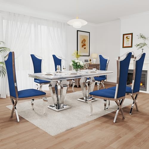 7 Piece Luxury Dining Room Set (Silver White + Blue / Dining Table + 6 High Back Chairs)