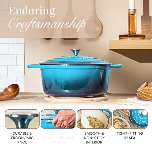 Enamelled Cast Iron Dutch Oven Pot with Lid 6.4 Quart Non Stick Casserole Pot (Blue / 6.4-Quart - Deep)