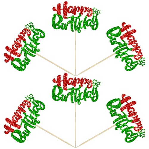 24Pcs Happy Birthday Cupcake Toppers Double Layer Glitter Happy Birthday Cake Decorations for Christmas Theme Baby Shower Anniversary Party Decorations Supplies Red Green (Style 1 / Red Green)