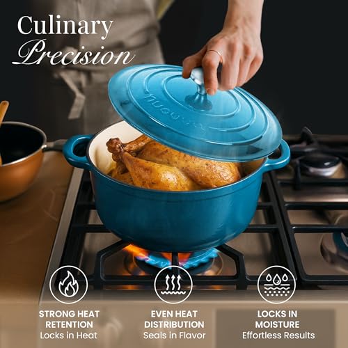 Enamelled Cast Iron Dutch Oven Pot with Lid 6.4 Quart Non Stick Casserole Pot (Blue / 6.4-Quart - Deep)