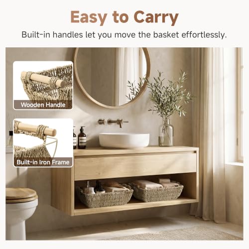 Hand Woven Jumbo Storage Baskets with Wooden Handles (Natural(Seagrass) / Large)