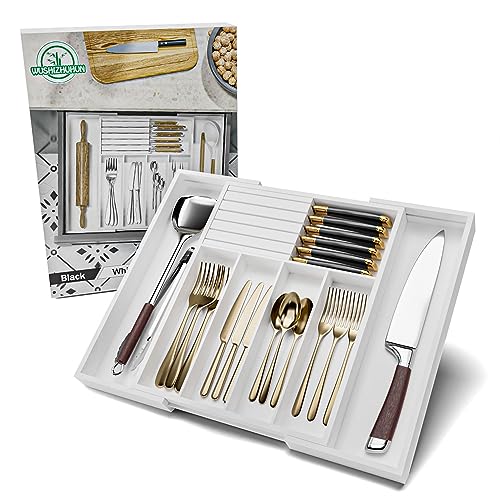 Silverware Drawer Organizer Bamboo Knife Organizer Drawer Insert Expandable Utensil Holder for Kitchen Drawer Flatware Holder W12.8 (White)