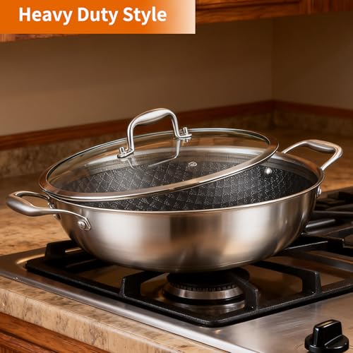 13 Inch Stainless Steel Nonstick Wok Pan with Lid 5.5Qt Pot (13 Inch/Double Handle)