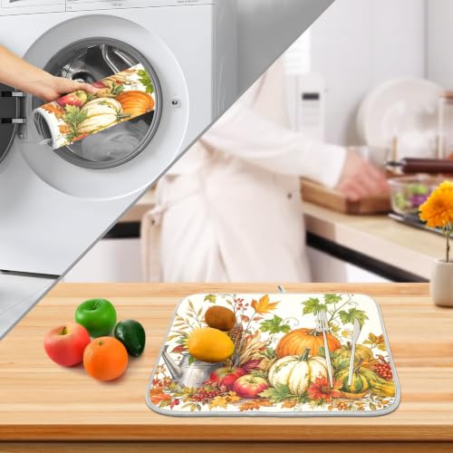 Autumn Fall Harvest Pumpkins Dish Drying Mat for Kitchen Counter Absorbent Microfiber Small Drying Pad Dish mats for Kitchen Countertops 16 x 18 Inch (Thanksgiving Harvest Pumpkins / 18" x 16")