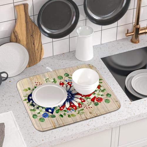 Independence Day Dish Drying Mat 16x18 inch Patriotic Love Heart Fast Dry Microfiber Dishes Drainer Rack Pad Kitchen Counter Accessories (Patriotic Floral Heart / 16" x 16")