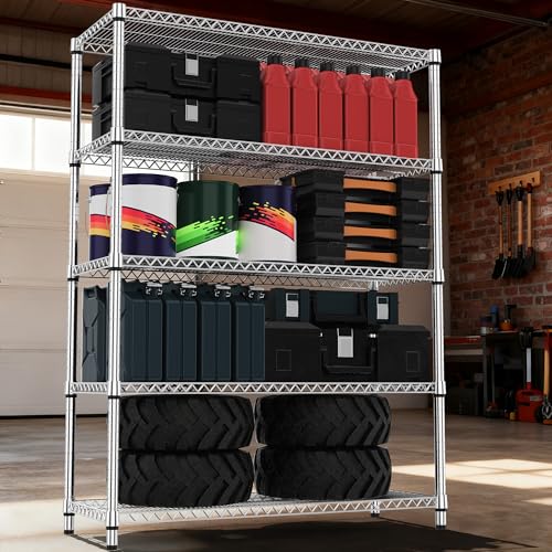 5 Tiers Shelf Metal Storage Shelves 3300 lbs Steel Storage Shelving Utility Shelving Unit Steel Organizer Wire Rack for Home (5 tier, 17.7"D x 47.2"W x 70.3"H / Chrome)