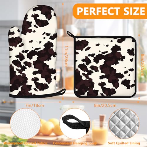 Black Cow Print Oven Mitts and Pot Holders Sets 4Pcs (Black Cowhide)