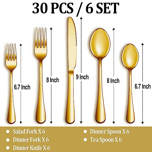 30 Pcs Gold Silverware Set Service for 6 (Gold)