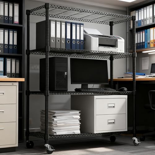 1400LBS 47.2" W 4 Tiers Storage Shelves Metal Shelving Unit with Wheels Heavy Duty Garage Shelving Adjustable Wire Shelves for Pantry (4 Tiers, 17.7"D x 47.2"W x 62.7"H / Black)