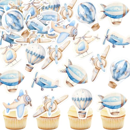 40Pcs Edible Watercolor Blue Airplanes Cupcake Toppers Edible Cartoon Hot Air Balloon Helicopter Cupcake Picks for Blue Boys Birthday Cupcake Decorations Airplane Baby Shower Cake Decorations (Edible-airplane)