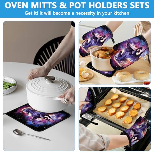 Horse Purple Galaxy Space Oven Mitts and Pot Holders Sets Heat Resistant 4Pcs Potholders Oven Gloves Hot Pads for Kitchen Baking Cooking Grilling BBQ (Horse Galaxy Space)