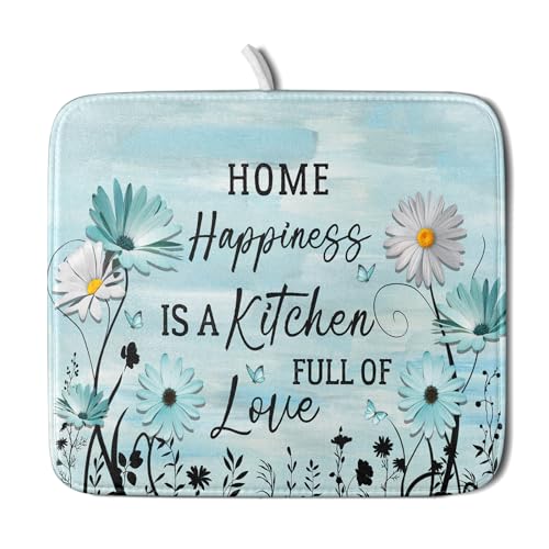Blue Daisy Dish Drying Mat 16x18 Inch Love Kitchen Absorbent Microfiber Washable Fast Drying Pad Dishes Rack Mat for Kitchen Counter (home happiness blue / 16" x 18")