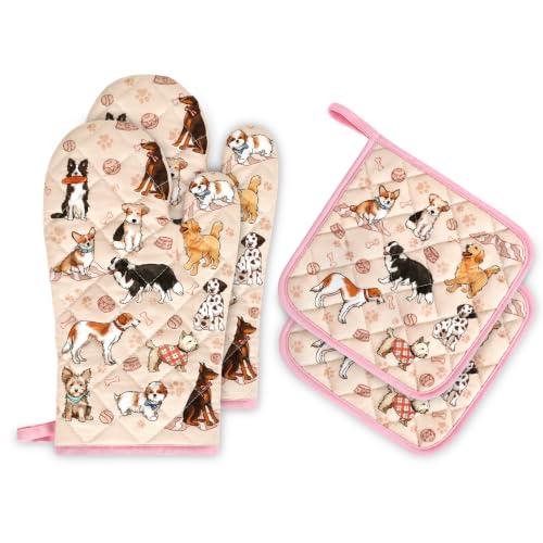 Cute Dog Oven Mitts and Pot Holders Set (Dog / Oven Mitt x2 & Pot Holder x2)