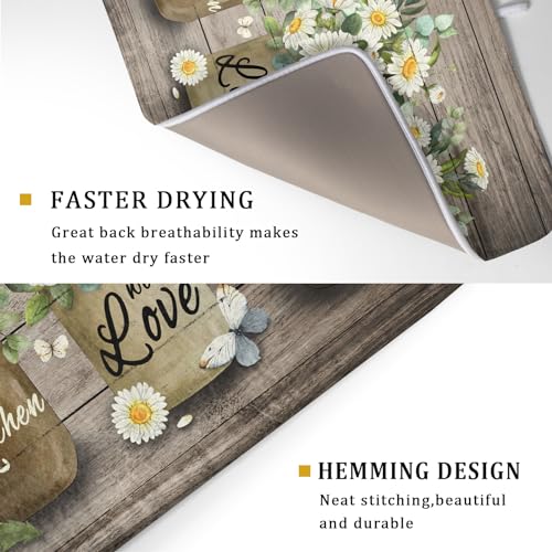 Flower Vase Dish Drying Mats 18×24 Inch Rustic Wood Reversible Microfiber Kitchen Countertop Protector Fast Dry Dish Drainer Rack Pad (flower vase wood / 18" x 24")