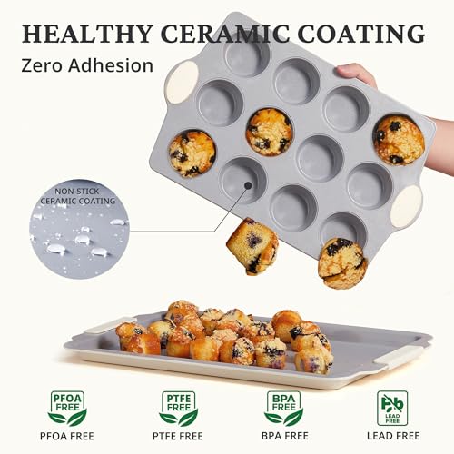 2 Pack 12 Cup and Mini 24 Cup Non Toxic Nonstick Ceramic Muffin Pan & Cupcake Tin (2 Count)