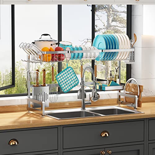 Over The Sink Dish Drying Rack with Cup and Utensil Holder (Silver / 2 Tier, Over Sink)