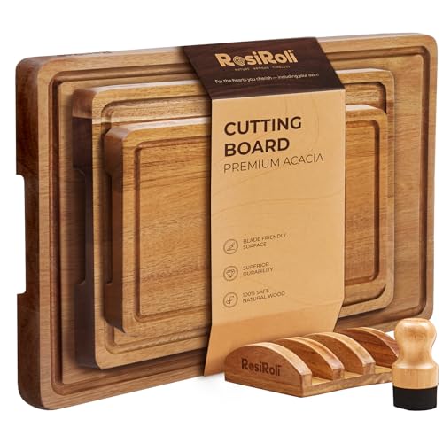 Acacia Cutting Board Set of 3 with Stand for Kitchen Prep