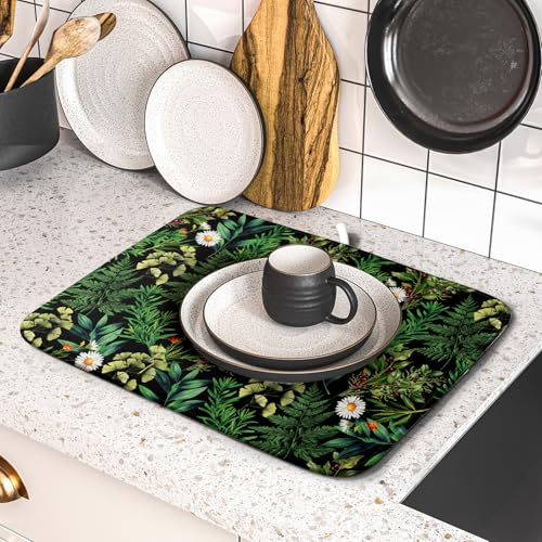 Green Botanical Dish Drying Mat 16x18 Inch Plant Leaf Fast Dry Dish Drainer Rack Mats Absorbent Microfiber Protector for Countertops Sinks (Green Botanical / 16" x 16")