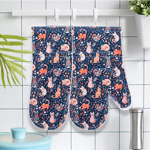 Oven Mitts with Transparent Clear Silicone Shell and Nice Cat Printing (Oven mitts / Navy, Cat)