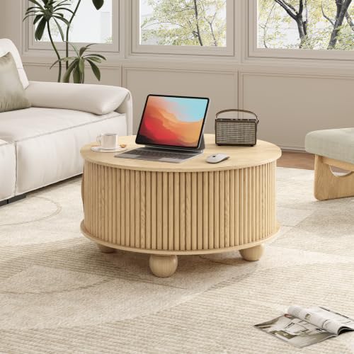 Round Coffee Table with Storage for Living Room (Oak)