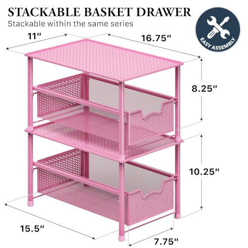 Stackable Under Sink Sliding Basket Drawer (Pink)