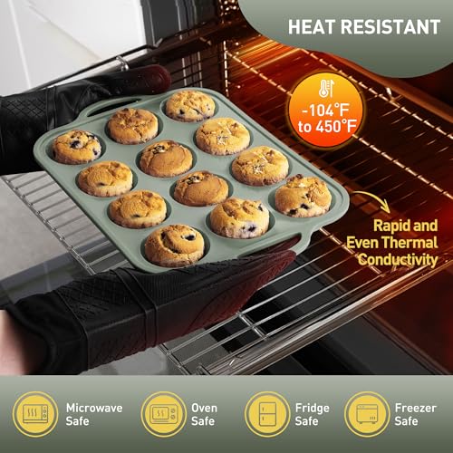 2 Packs 12 Cups Silicone Muffin Pan with Metal Reinforced Frame Regular Size Cupcake Pan Tray Egg Bites Silicone Circle Cookie Molds Muffin Tin Tart Pans Baking Sheet Set for Breakfast Sandwiches (Regular / Morandi Green)