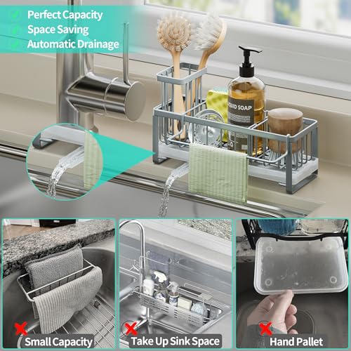 Sponge Holder for Kitchen Sink (Gray / with Dishcloth Holder)