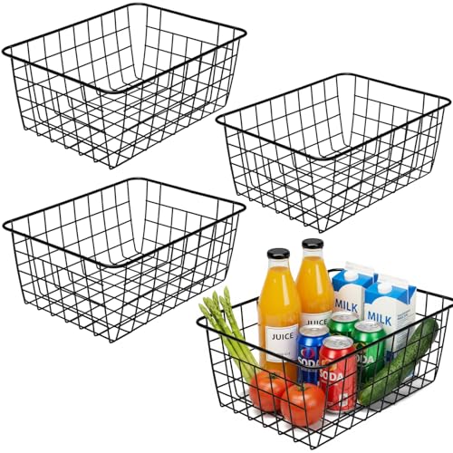 Kitchen Black Wire Baskets for organizing Farmhouse Decor Metal Food Storage Organizer (Black / 4 Pack Small)