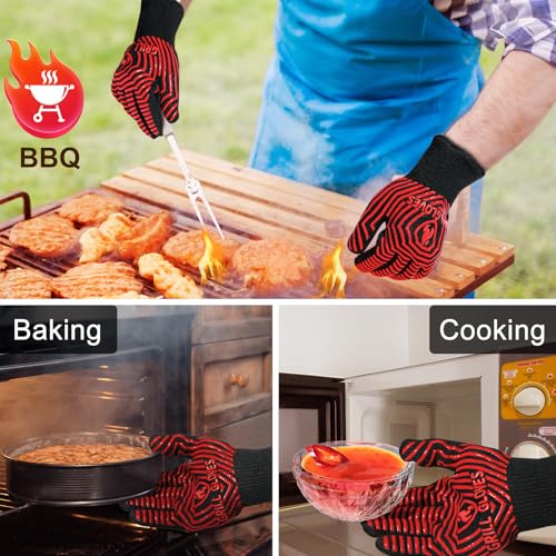 BBQ Gloves BBQ Accessories 1472℉ Extreme Heat Resistant (Black Red / One Size Fits Most(Regular Cuff))