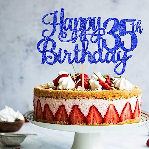 1 PCS Happy 35th Birthday Cake Topper Glitter Cheers to 35 Years Birthday Cake Pick Thirty Five 35 Fabulous Cake Decoration for Happy 35th Birthday Theme Party Decorations Supplies Blue (Blue / 35th)