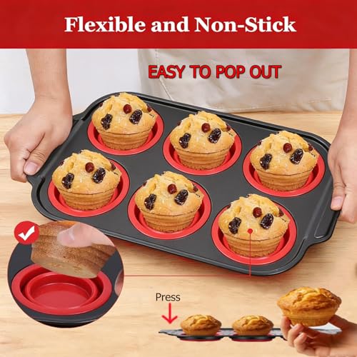 Muffin Pan, 6-Cup Nonstick Silicone Muffin Pans for Baking, Food-Grade Cupcake Pan for Oven, Microwave, Dishwasher Safe, BPA-Free Silicone Baking Mold for Muffins, Cupcakes, Egg Muffins (6 Cups Red)