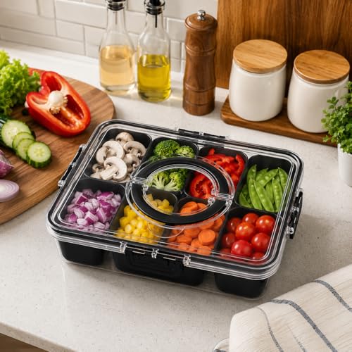Divided Serving Tray with Lid and Handle (Black-1 Pack)