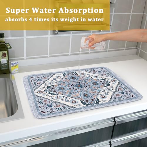 Boho Flower Dish Drying Mat Blue Bohemian Dishes Drainer Rack Mat 18x24 Inch Microfiber Kitchen Drying Pad for Countertop Tableware Decor (Blue Bohemian / 18 x 24 inch)