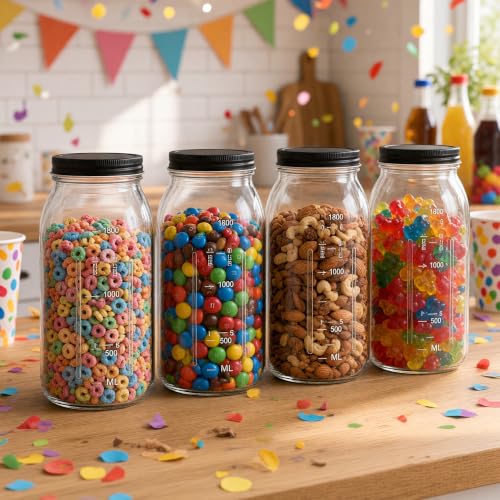 64 oz Large Plastic Mason Jars with Airtight Lids Wide Mouth (Black)