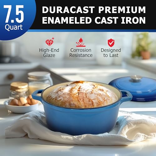 MUELLER HOME 7.5 QT Enameled Cast Iron Dutch Oven (7.5 Quart -Round / Aqua Blue)