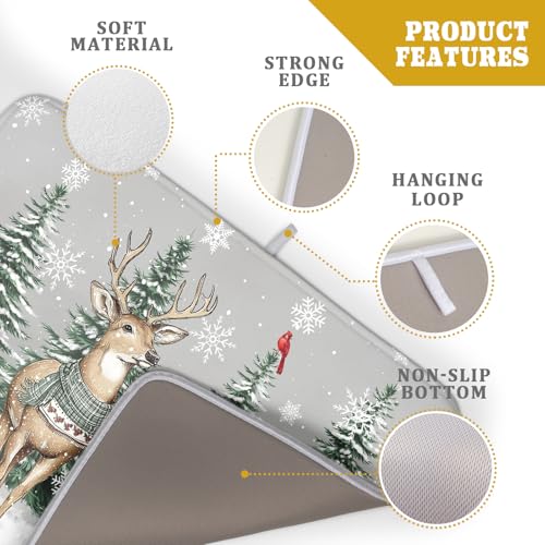 Winter Deer Dish Drying Mat Pine Tree Absorbent Dish Dry Pad Seasonal Microfiber Dish Drainer Mats for Kitchen Counter Coffee Bar 18x24 in (Deer Pine Tree / 18" x 18")