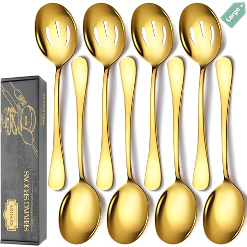 Stainless Steel Serving Spoons Set (8 Pieces (Large and Slotted) / Gold)